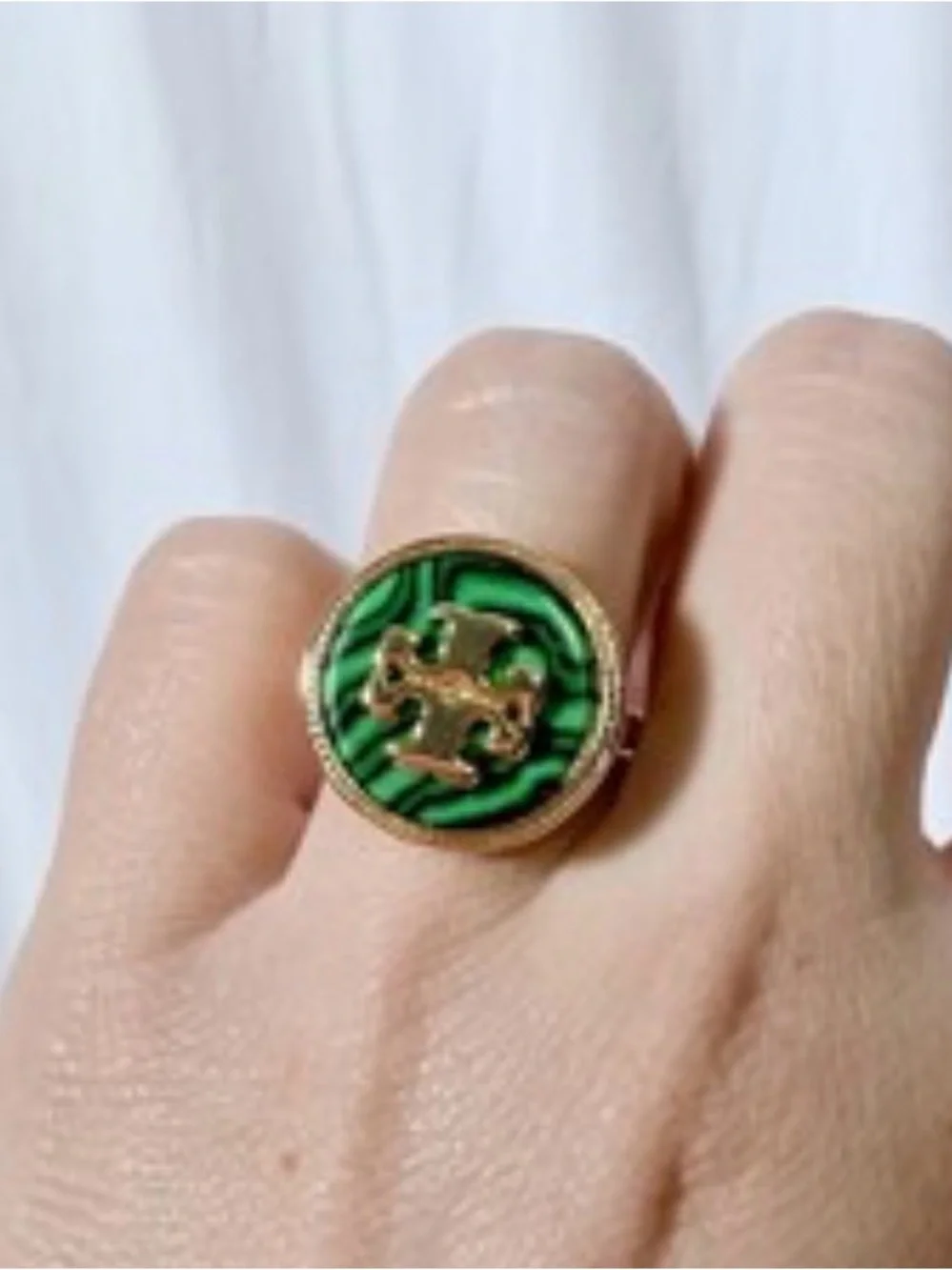 Tory Burch Gold-Tone Ring Malachite Semiprecious Stone Logo Sz 8